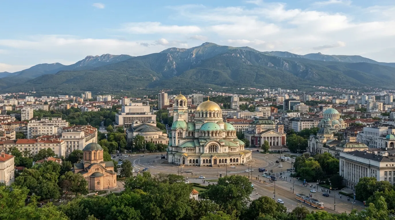 Панорама Софии — столицы Болгарии — с горой Витоша на фоне